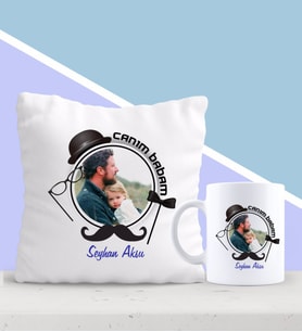 BK Gift Kişiye Özel Babalar Günü Hediyesi Fotoğraflı Yastık ve Kupa Seti-1 (Model 1)