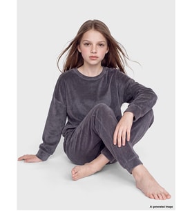 LC WAIKIKI Gri Bisiklet Yaka Kız Çocuk Kadife Pijama Takımı