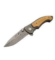 Browning 2-31 Damascus Kamp Çakı 19,5cm - Yarı Otomatik, Kemerlikli, Ahşap; Metal Sap