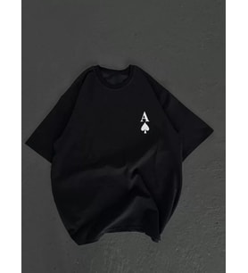 Unisex Bisiklet Yaka Baskılı Oversize T-Shirt - Siyah