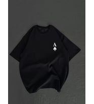 Unisex Bisiklet Yaka Baskılı Oversize T-Shirt - Siyah