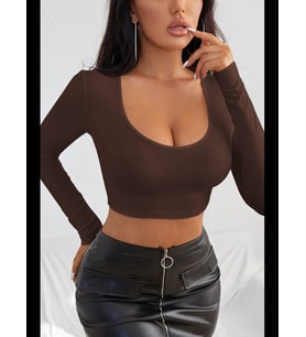 Fantezia Night Kadın Bordo Uzun Kol Kare Yaka Crop Top Bluz
