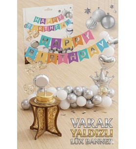 Gümüş Varak Yaldızlı Lüks Happy Birthday Banner - Renkli