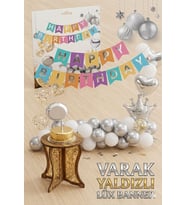 Gümüş Varak Yaldızlı Lüks Happy Birthday Banner - Renkli