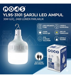 Noas 30W Şarjlı Smd Led Ampül 2400lm IP20 3 Mod Beyaz Işık Çengelli