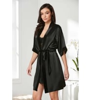LYYN Pierre Cardin 4045 Kadife Saten Dantelli Gecelik Ve Sabahlık Takımı (Siyah)