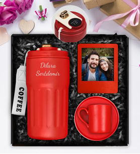 Kişiye Özel Çelik 500 ML Dereceli Termos & Kırmızı Fincan & Kişiye Özel Fotoğraf Çerçevesi Hediye Seti
