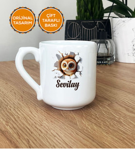 3D Efektli Baykuş Hediye Kupa Bardak Oval İsimli İsim Yazılı (Beyaz)