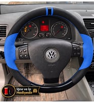 Vw Golf 5 Dikme Direksiyon Kılıfı Delikli Deri Parlak Siyah Mavi Detay Çift Yüzük ve Dikiş 2003-2008