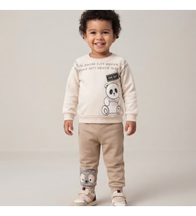 Erkek Bebek Cool Boys Yazılı Panda Baskılı Uzun Kollu Takım - 9 AY / KREM