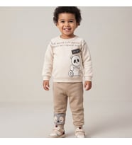 Erkek Bebek Cool Boys Yazılı Panda Baskılı Uzun Kollu Takım - 9 AY / KREM