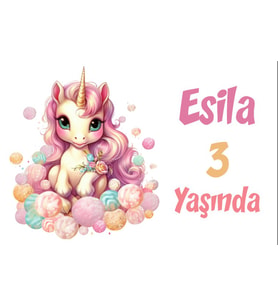 Pembe Unicorn Temalı Doğum Günü Afişi -7 50x70 cm
