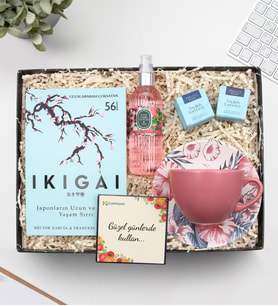 Ikigai Kitabı & Pembe Fincan & Eyüp Sabri Tuncer 150ml Sprey Kolonya & 2'li Teashop Bitki Çayı Hediye Seti