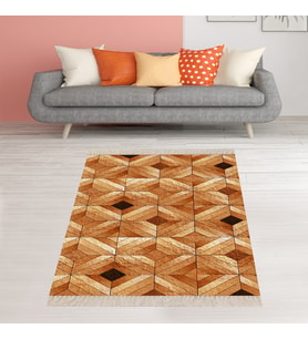 Geometrik Desenli Karo Motif Dijital Baskı Yıkanabilir Kaymaz Taban Modern Salon Halısı (Turuncu)