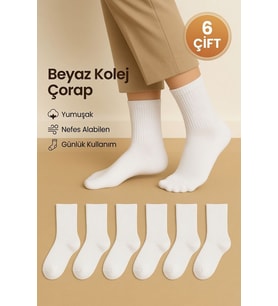 6’lı Unisex Beyaz Yarım Kolej Spor Çorap Pamuklu – Nefes Alan – Terletmeyen Kolej Çorap