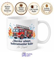 İtfaiye Kamyonu Çizimli Yanan Yürekleri Söndüren Kahraman Kupa Bardak Hediye