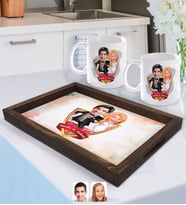 BK Gift Kişiye Özel İsimli Evleniyoruz Karikatürlü Doğal Ahşap Tepsi ve 2’li Kupa Bardak Seti-10