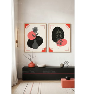 Minimalist Doğa Soyut Botanik 2'li Ahşap Çerçeveli Tablo Seti