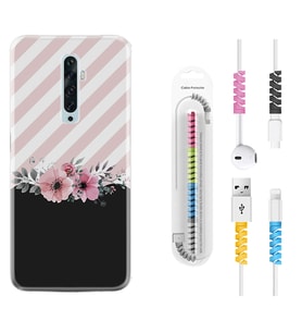 Oppo Reno 2Z 4 Lite 4 Pro 5 6 7 A31 Kılıf Kablo Koruma Spiral Silikon Strip Pink Flowers 1396