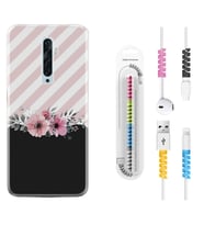 Oppo Reno 2Z 4 Lite 4 Pro 5 6 7 A31 Kılıf Kablo Koruma Spiral Silikon Strip Pink Flowers 1396