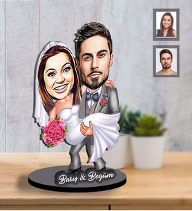Kişiye Özel Gelin Damat  Karikatürlü İki Katmanlı Ahşap Biblo  Mod-1