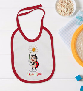 BK Kids Kişiye Özel Uğur Böceği Tasarımlı Kırmızı Bebek Mama Önlüğü-3