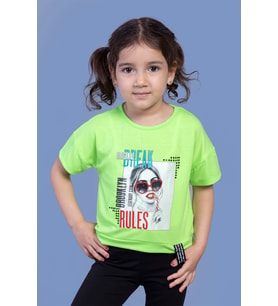 Toontoy Kız Çocuk Dijital Baskılı Tişört (Yeşil)