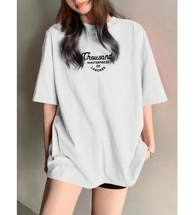 Thousand Baskılı Oversize Bisiklet Yaka T-shirt - Beyaz