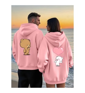 Sevgili Kombin Hoodie – Ayıcık Baskılı Kalpli Çift Sweatshirt Unisex Kapüşonlu Oversize (Pembe)