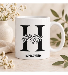 Kişiye Özel Baş Harf ve İsim Yazılı Yatay Botanik Desenli Seramik Kupa Bardak