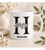 Kişiye Özel Baş Harf ve İsim Yazılı Yatay Botanik Desenli Seramik Kupa Bardak