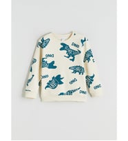 LCW Kids Bej Bisiklet Yaka Dinozor Baskılı Erkek Çocuk Sweatshirt