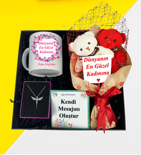Kişiye Özel Sevimli Ayıcık Buketi Kupa Bardak Melek Kolye Hediye Seti