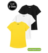 Kadın 3'lü Paket Siyah-Beyaz-Sarı %100 Organik Pamuk Normal Kesim Tişört Bisiklet Yaka T-Shirt