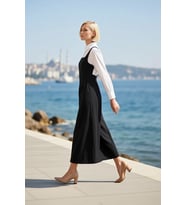 Kadın Elbise Maxi Jile Kare Yaka Kolsuz Skater Kalıp Düz Desen Dokuma Gabardin Rahat