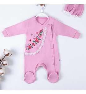 3-9 Ay Kız Bebek Tulumu Çiçek Nakışlı Şapkalı Pembe