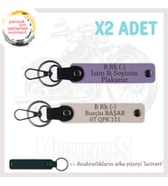 Biker Tarzına Özel, İsim Plaka ve B Rh (-) Kan Grubu Yazılı Hediye x2 Anahtarlık Set, Mor-Pudra-Laci