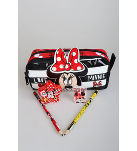 DEKOMUS İLE LİSANSLI MINNIE MOUSE KALEM ÇANTASI ,2 ADET SİLGİLİ KURŞUN KALEM,SİLGİ VE YILDIZ KALEMTRAŞ SETİ