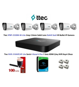 Nif Bilişim Ttec 2mp Mikrofonlu 4 Kameralı 4TB Disk Tak Çalıştır Hazır IP Kamera Seti