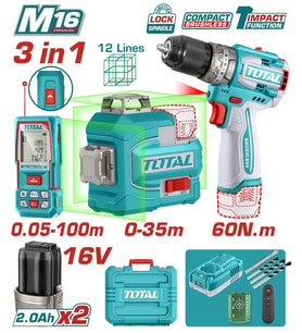 TOTAL AVANTAJ SET - 16V DARBELİ MATKAP, 16V 100M LAZER METRE TOSLI250101E