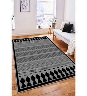 Siyah Gri Etnik Kaymaz Tabanlı Dekoratif Halı RV263 - 100 x 160 cm