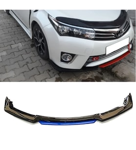 Toyota Corolla 2009-2014 Mavi Renkli Şeritli Dilli Ön Lip 4 Prç Parlak Siyah ABS