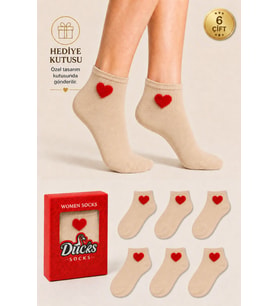 Ducks Socks Kadın Kalp Desenli Patik Çorap Kutulu Pamuklu 6'lı Dikişsiz Hediye Kutulu Çorap