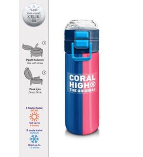Coral High Erkek Çocuk 500 ml Okul ve Günlük Paslanmaz Çelik Termos - Mavi Pembe Renkli Çizgili - Sızdırmaz