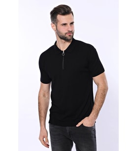 Polo Yaka Siyah Düz Örme T-shirt - Wessi