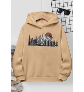 Mountain Baskılı Erkek - Kız Çocuk Rahat Kalıp Sweatshirt (Bej)
