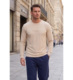 DeepSEA Erkek Slim Fit Likralı Çizgi Dokulu Beyaz Sweatshirt – Bisiklet Yaka Nakışlı Spor Şık Sweat 2708518