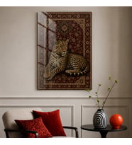 Vintage Halı Desenli Leopar Temperli Cam Dekoratif Duvar Tablosu