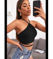 Fantezia Night Kadın Siyah Sırtı Açık Boyundan Çapraz Bağlamalı Crop Top Bluz