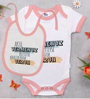 BK Kids Akul Vermenuz Bittiyse Tasarımlı Pembe Bebek Body Zıbın ve Mama Önlüğü Hediye Seti-1